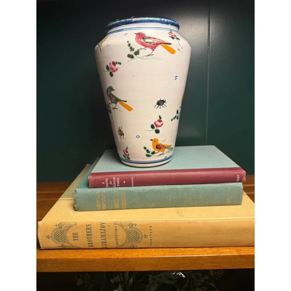 Vintage Italian Hand Painted‎ Bird Butterfly Vase Whimsical Cottagecore Italy